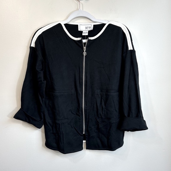 NWT Joan Vass 3/4 Sleeve Zip Front Jacket Black with White Size Small - Picture 3 of 12